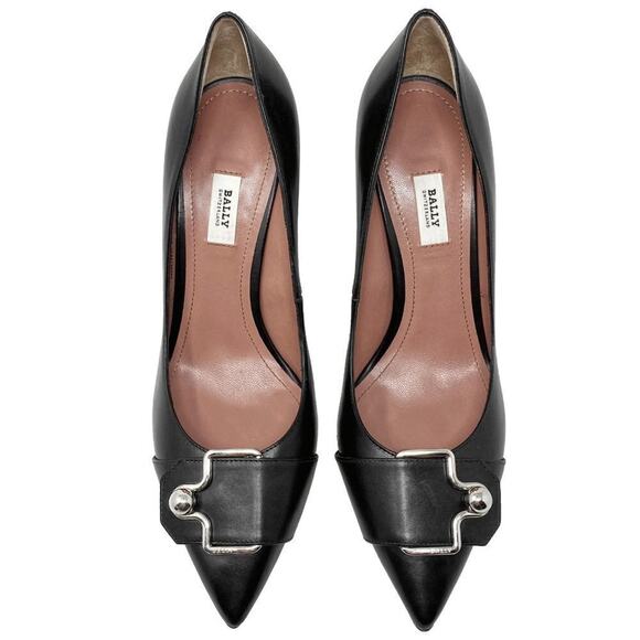 Bally Shoes Hirina 90mm Silver Hardware Black Leather Pointed Toe Pumps - Picture 1 of 8